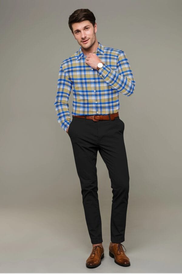 Dark Cream Cotton Checkered Full Sleeves Shirt - Image 4