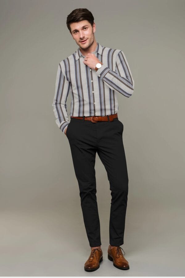 Cream Cotton Striped Full Sleeves Shirt - Image 4