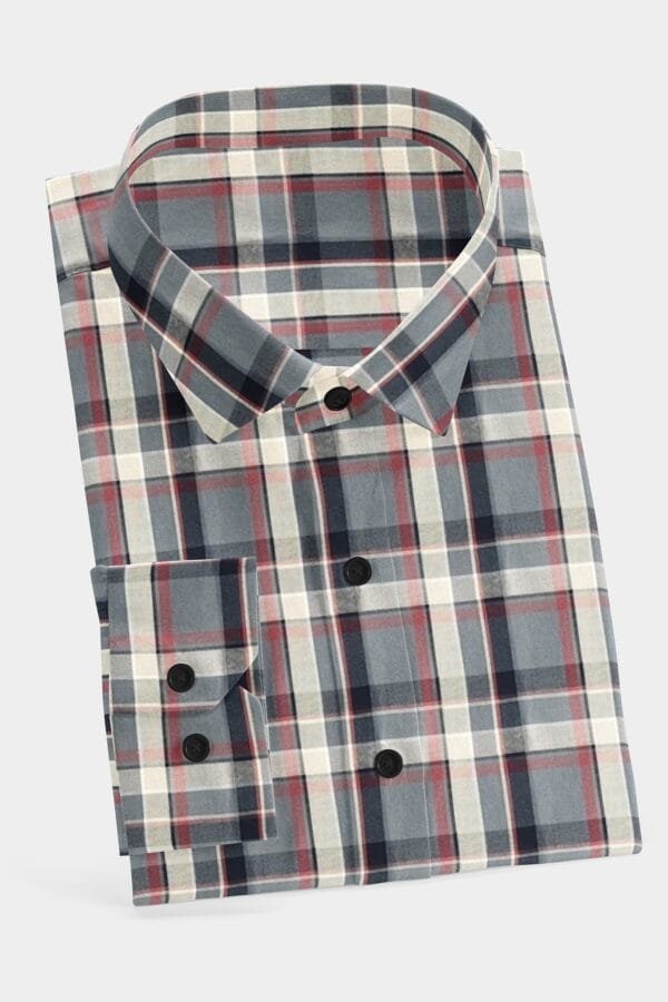 Grey Cotton Checkered Full Sleeves Shirt - Image 2