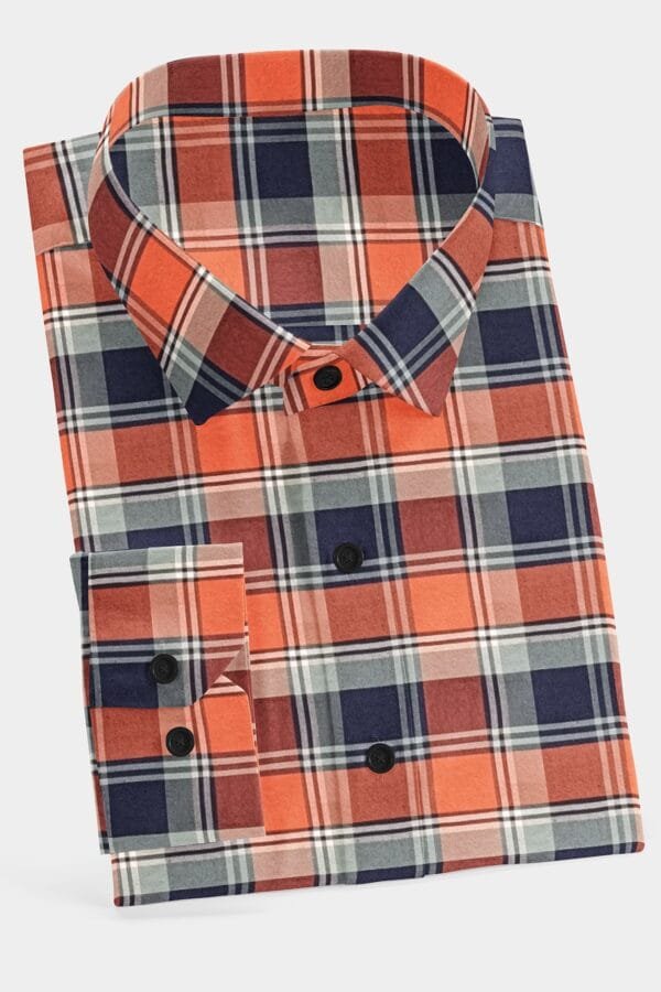 Orange Cotton Checkered Full Sleeves Shirt - Image 2