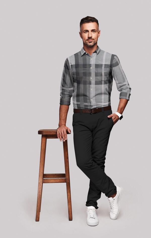 Grey Satin Checkered Full Sleeves Shirt - Image 2