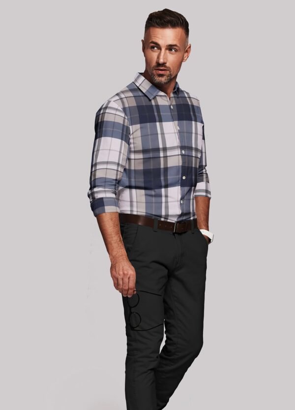 Blue Satin Checkered Full Sleeves Shirt - Image 5