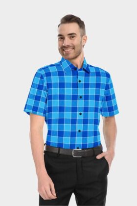 Blue Cotton Checkered Half Sleeves Shirts