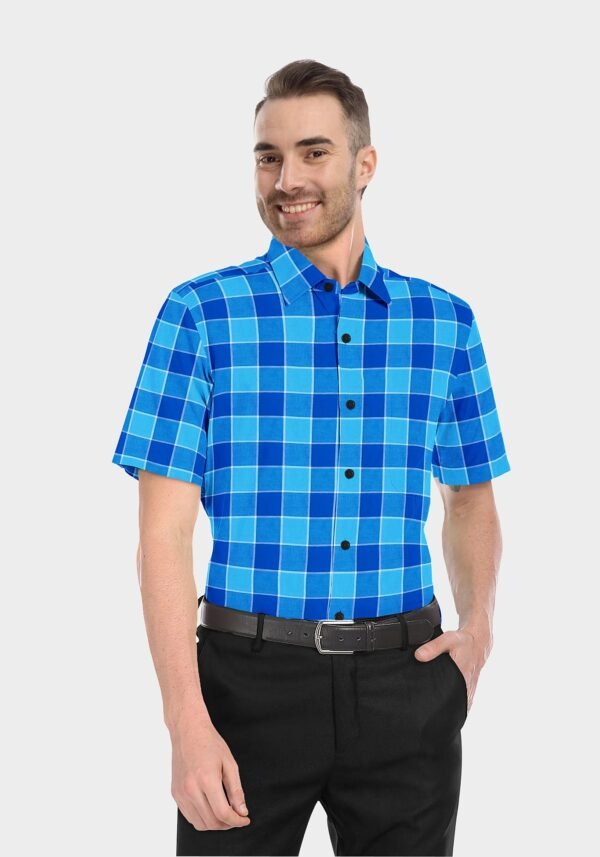 Blue Cotton Checkered Half Sleeves Shirts