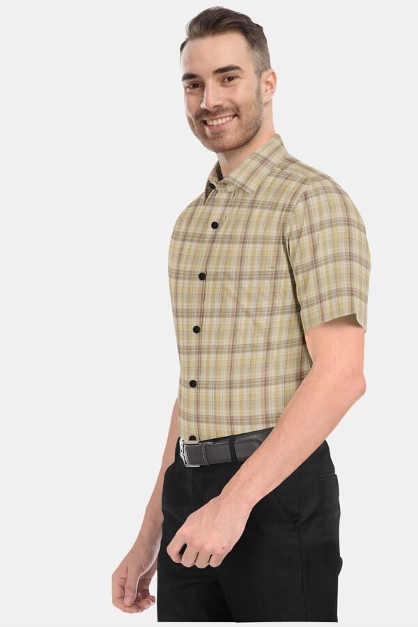 Light Brown Cotton Checkered Half Sleeves Shirts - Image 4