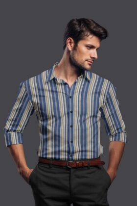 Blue Cotton Striped Full Sleeves Shirt