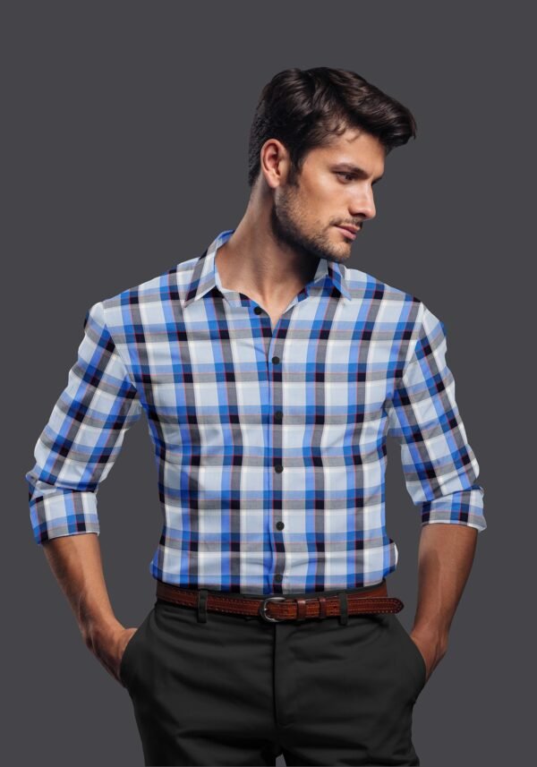Blue Cotton Checkered Full Sleeves Shirt - Image 5