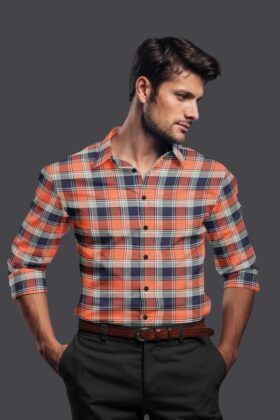 Orange Cotton Checkered Full Sleeves Shirt
