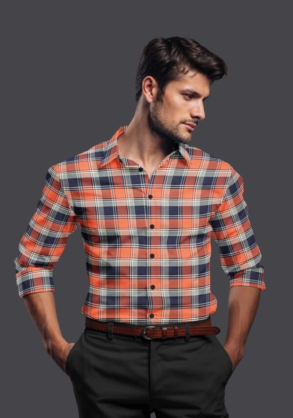 Orange Cotton Checkered Full Sleeves Shirt - Image 5