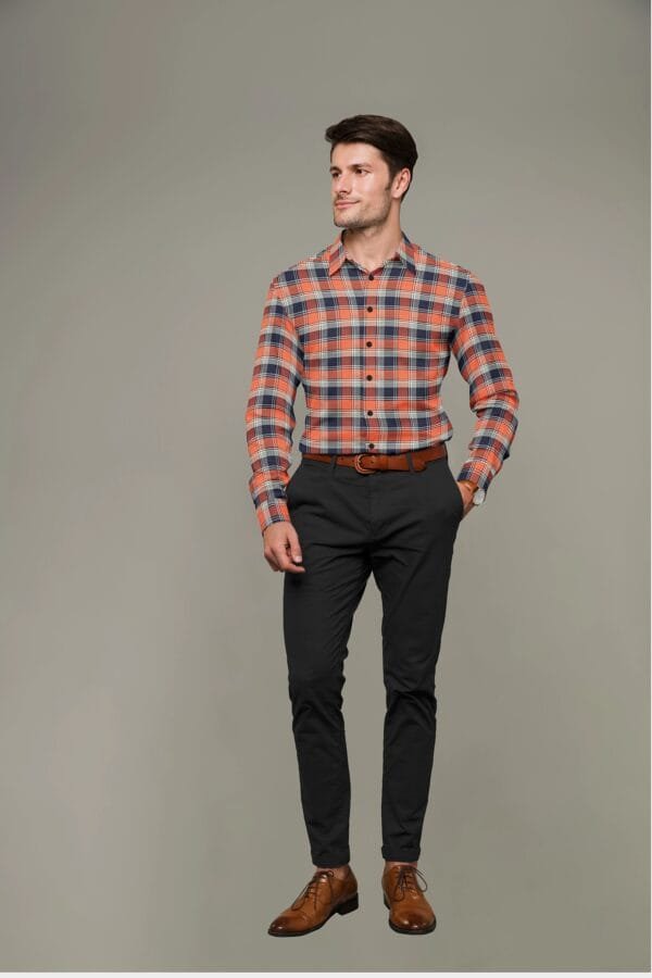 Orange Cotton Checkered Full Sleeves Shirt - Image 4