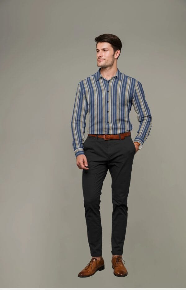 Blue Cotton Striped Full Sleeves Shirt - Image 2